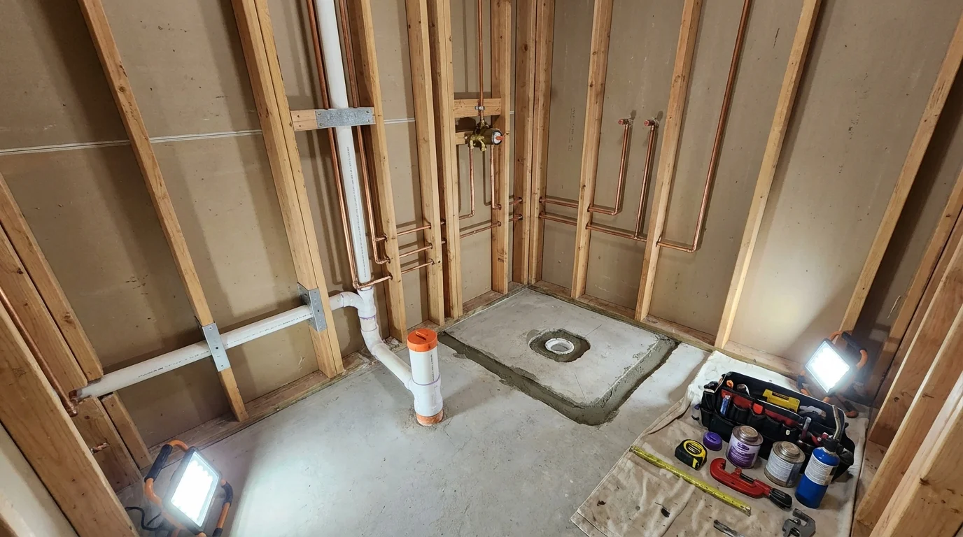 Bathroom rough-in plumbing during remodel by Johns Plumbing LLC in Natchitoches