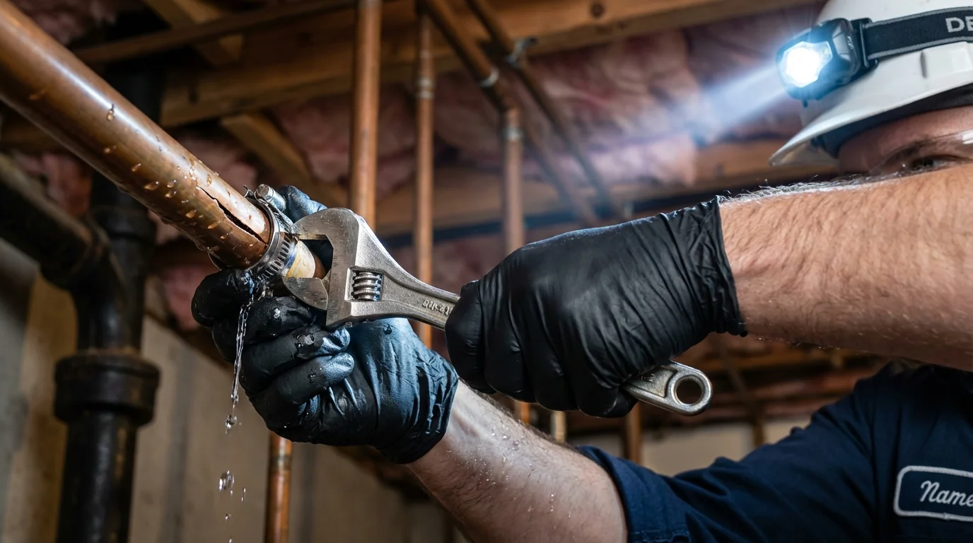 Emergency pipe clamp repair being performed by a Johns Plumbing LLC plumber in Natchitoches