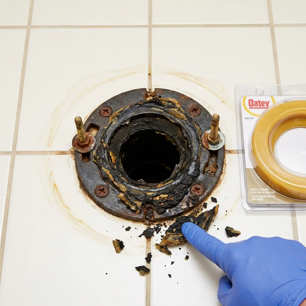 Failed wax ring showing water seepage at the base of a toilet in a Natchitoches, LA home